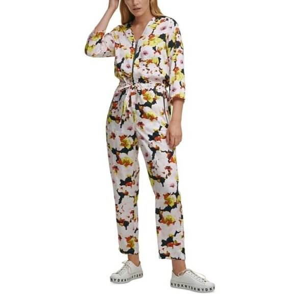 DKNY Jumpsuit Womens Size 2 Floral Print Zip Front V Neck Pockets Elastic Waist - Picture 3 of 14